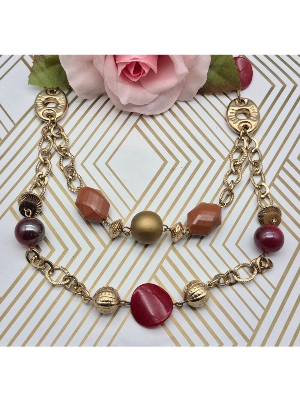 Gold Tone & Red Statement Necklace Double Strand Mixed Media Beaded Stations 38"